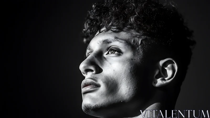 Side-lit male profile in high-contrast monochrome portrait