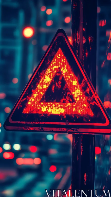 Illuminated triangular road sign in night urban traffic.