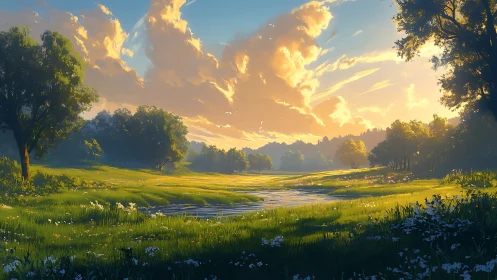 Sunlit meadow unspools beside a river stitched with gold