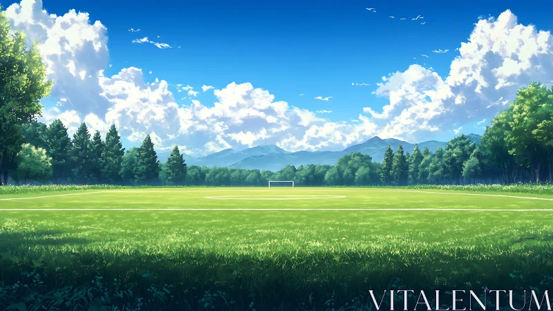 Sunlit regulation soccer pitch under stratocumulus sky panorama.