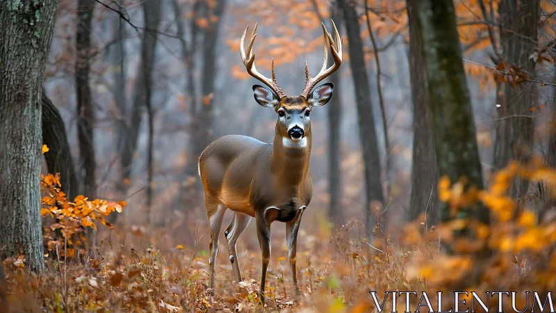 Whitetail buck standing alert in quiet autumn forest scene.