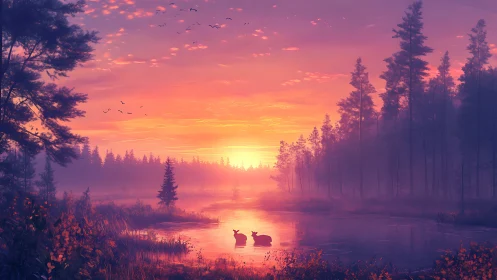 Dawnlit forest lagoon cradles two deer in rose gold hush.