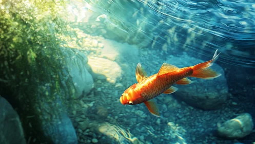 Golden koi gliding through sunlit underwater river scene.