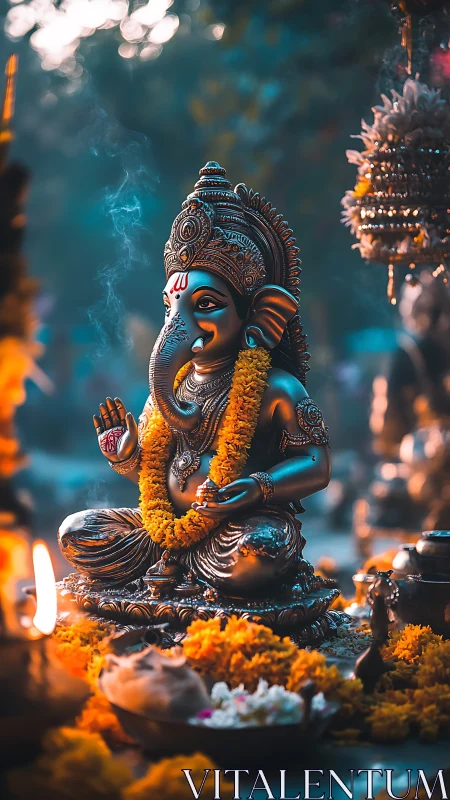 Ganesh idol with marigold garlands in evening ritual.
