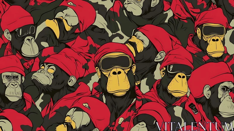 Stylized primate pattern in red clothing and goggles.