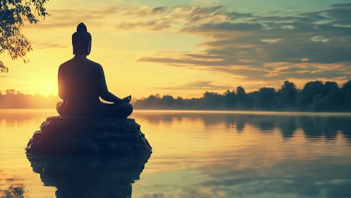 Silhouette of seated Buddha statue faces lake at sunrise