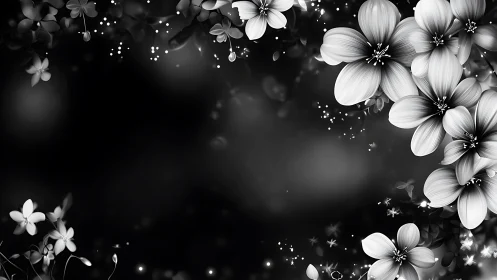 Luminous Garden: Monochrome Flowers Dancing in Stardust.