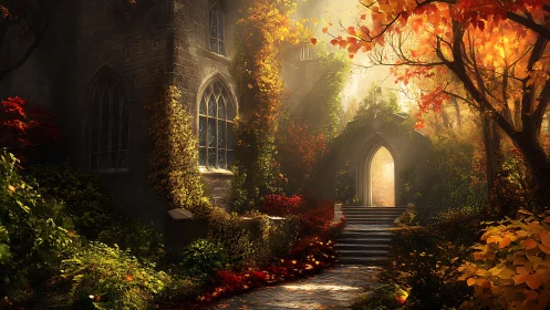 Gothic stone cloister in volumetric autumnal forest light.
