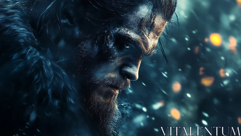 Storm-hardened warrior gazes ahead with fierce winter resolve