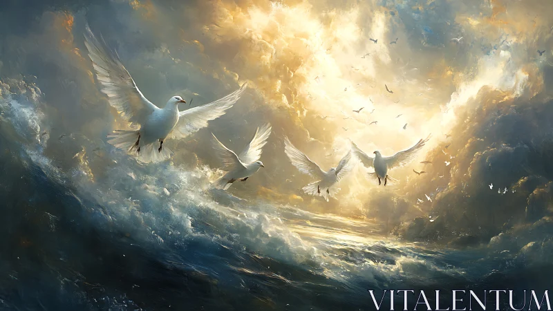 White birds fly above turbulent ocean under glowing sky