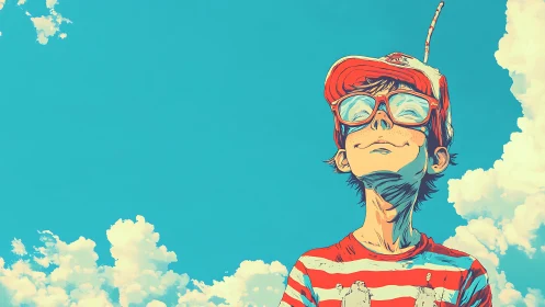 Boy in striped shirt smiling under bright blue sky.