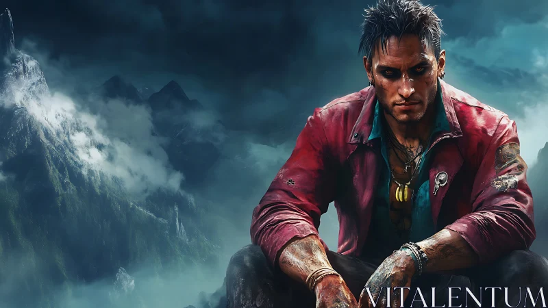 Brooding warrior in crimson jacket over misty alpine abyss.