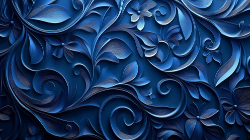Ornate blue floral relief renders sculpted swirling foliage