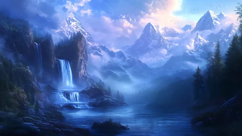 Mystic blue mountains welcome a serene waterfall valley