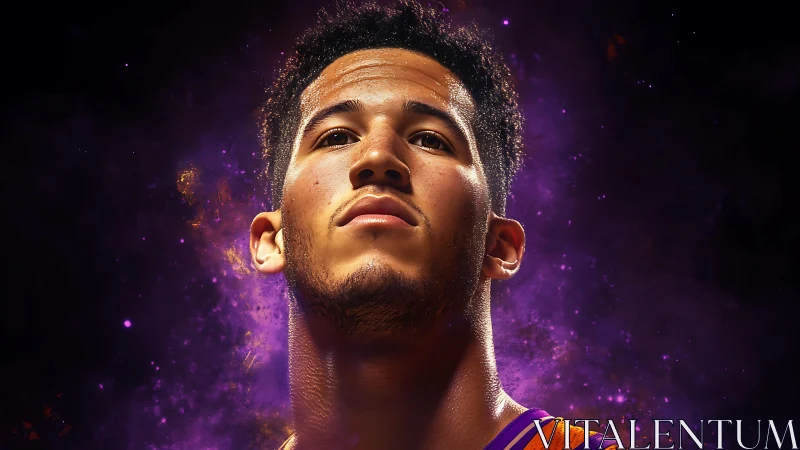 Basketball player portrait set against vivid purple nebula