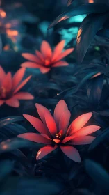 Red flowers glow against dark teal foliage