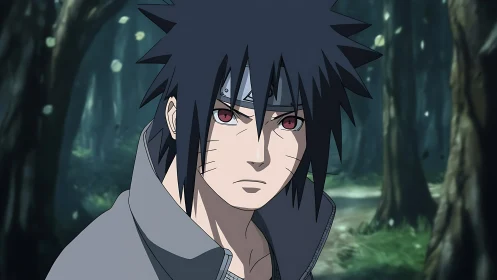 Brooding forest ninja with scarlet gaze and storm-cut hair.