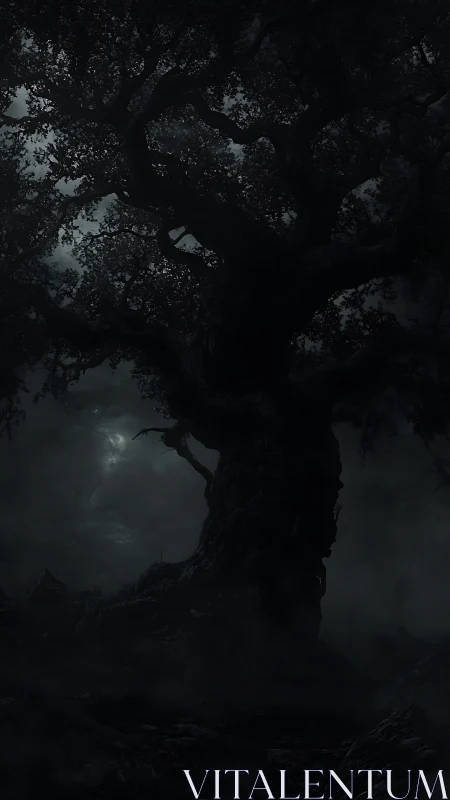 Ancient gnarled tree towering in a moonlit haunted fogscape.