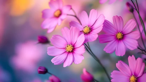 Macro Photography of Pink Cosmos Flowers with Golden Centers.