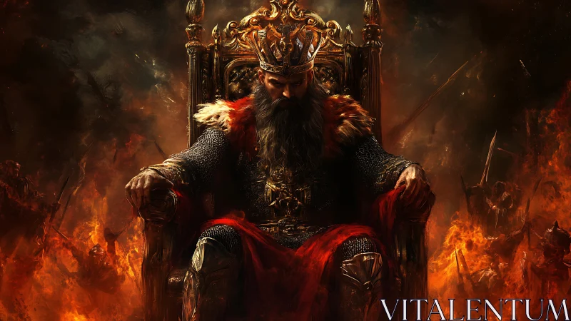 Imperious warlord king sits in burning throne room of battle