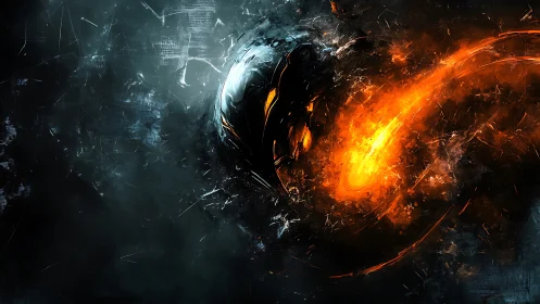 Fiery cosmic impact slamming into dark alien sphere.
