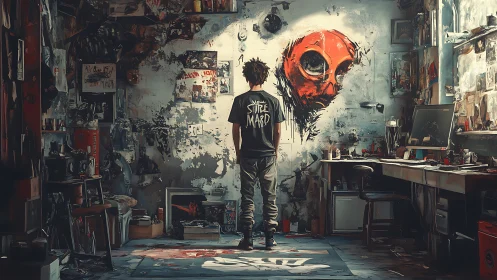 Urban studio artist facing vivid orange graffiti mask mural.