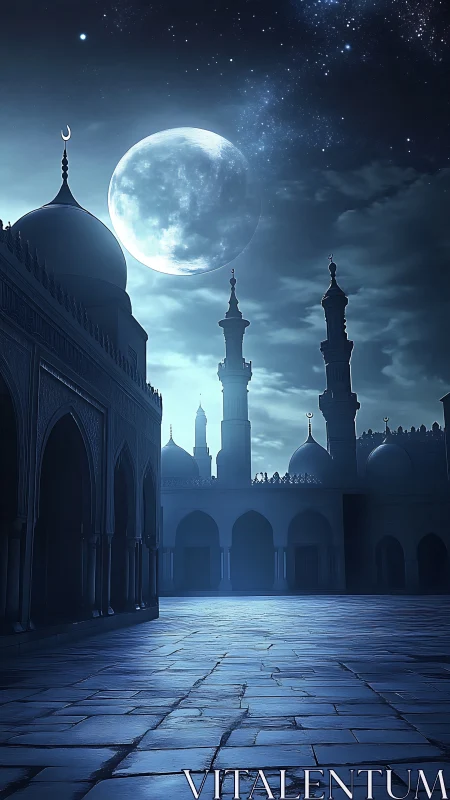 Moonlit mosque courtyard under serene celestial sky.