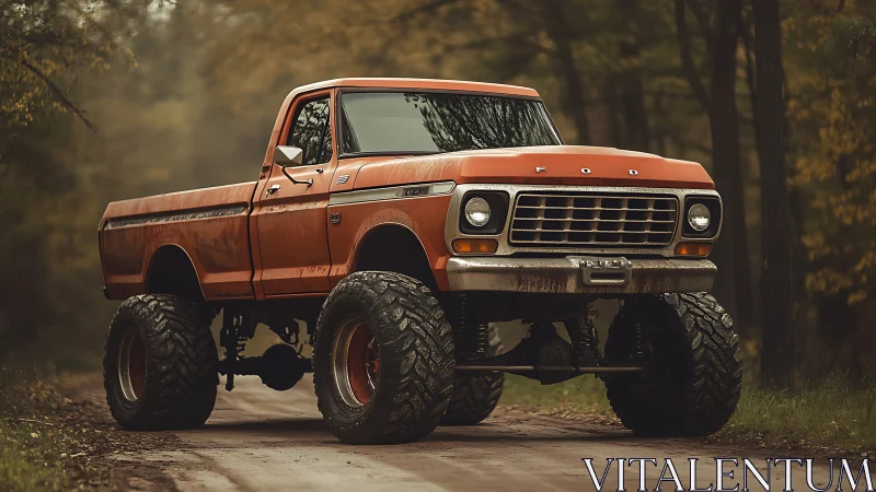 Lifted vintage orange pickup truck stands on forest dirt road