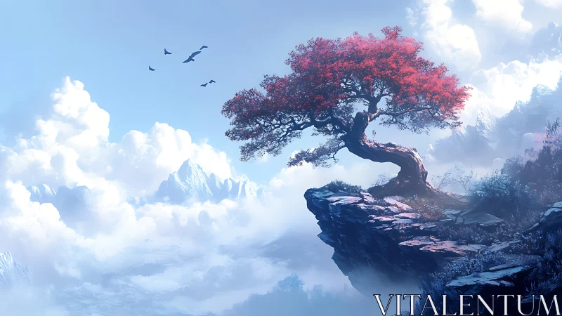 Digital painting of crimson tree on misted mountain precipice.