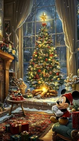 Cozy Christmas hearth where a small mouse meets winter magic.