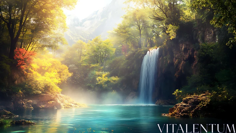 Sunlit forest waterfall over turquoise mountain pool.