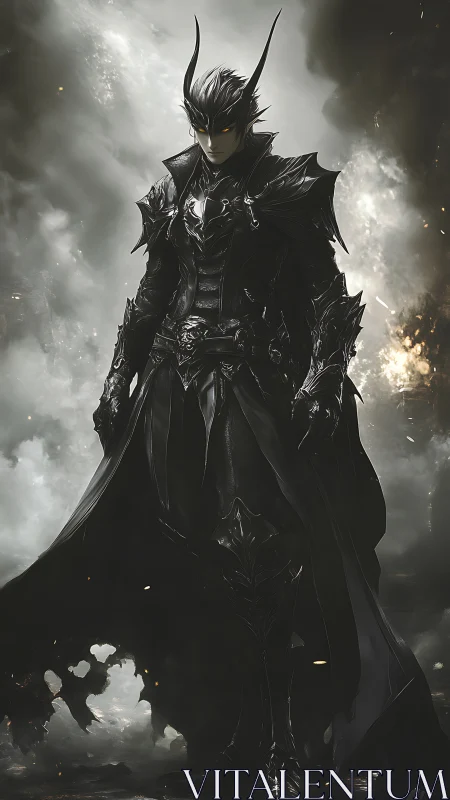 Dark-armored fantasy knight standing in swirling stormlight.