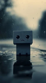 Tiny cardboard friend waits gently in the evening rain.