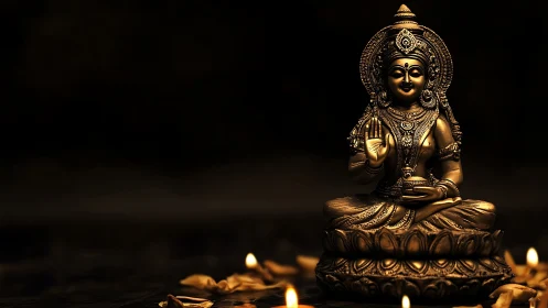 Bronze Lakshmi idol rendered with shallow depth and point lighting