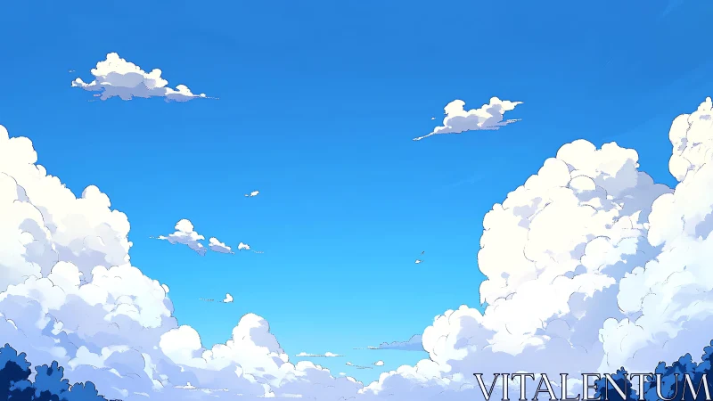 Expansive blue sky with towering cumulus clouds above horizon.