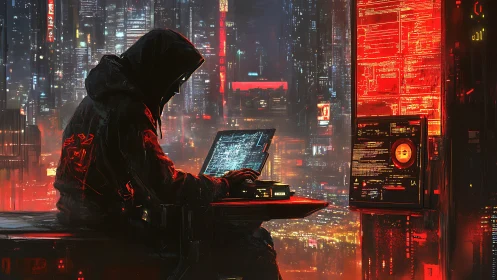 Hooded hacker operates glowing terminal in neon cyberpunk city