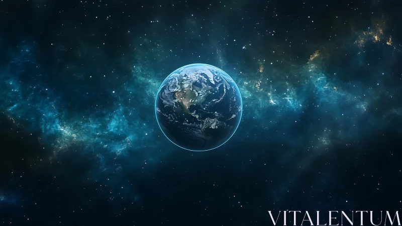 Solitary blue planet drifting through luminous star-swept void.