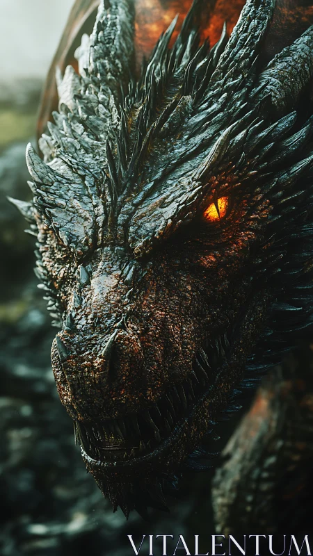 Molten-eyed dragon close-up in hyperreal detail.