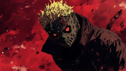 Masked cyberpunk slasher with glowing eyes on crimson field