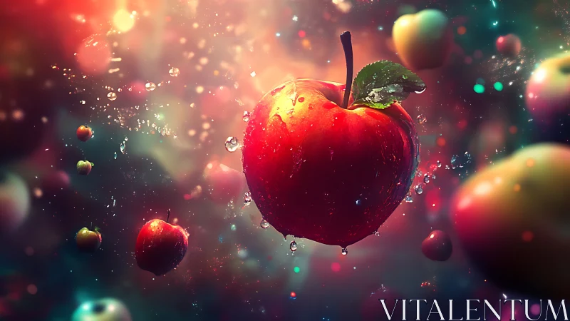 Glowing red apple drifts through sparkling cosmic water.
