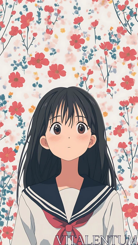 Anime schoolgirl portrait with floral patterned background.