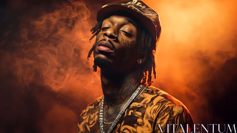 Tattooed man in orange smoke with cap and chains.
