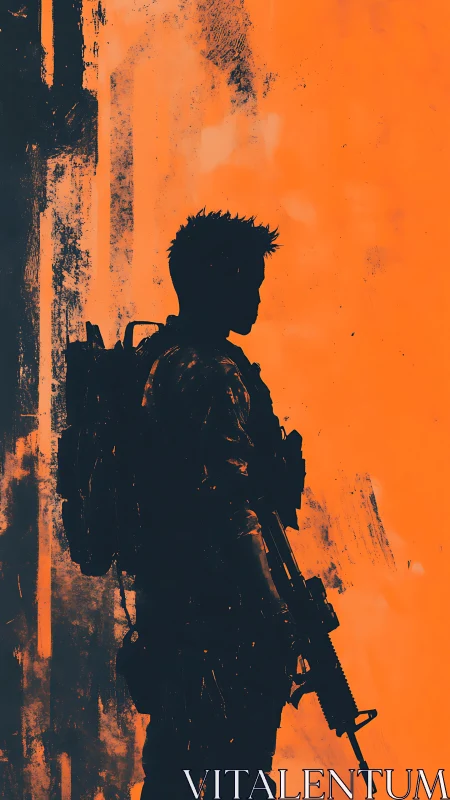 Silhouetted soldier with rifle against bold orange backdrop.