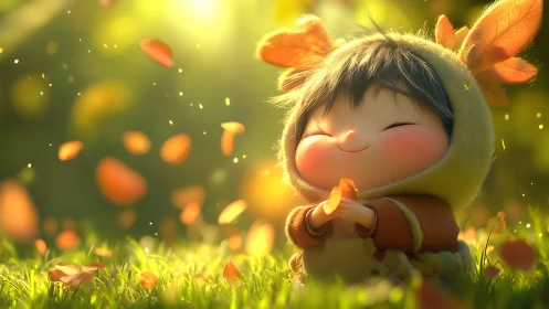 Smiling child in autumn costume glows in golden sunlight.