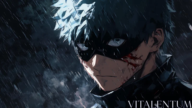 Brooding masked hero in rain, wounded yet unbroken gaze.