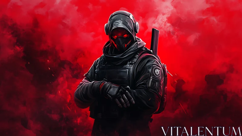 Tactical hooded operative in red volumetric smoke field.