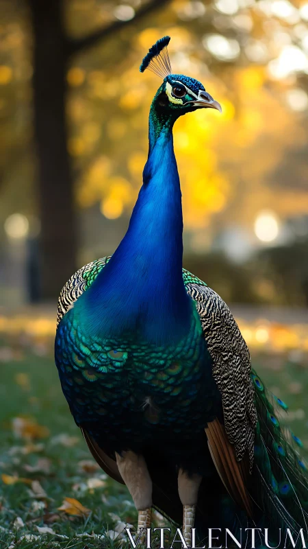 Peacock portrait with shallow depth of field and autumn bokeh background