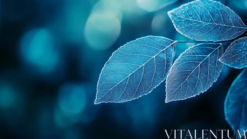 Glowing blue leaves shimmer softly against a dreamy bokeh haze