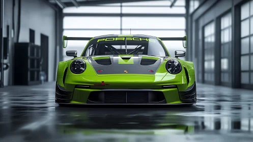 Green track-focused sports car is positioned in a workshop bay