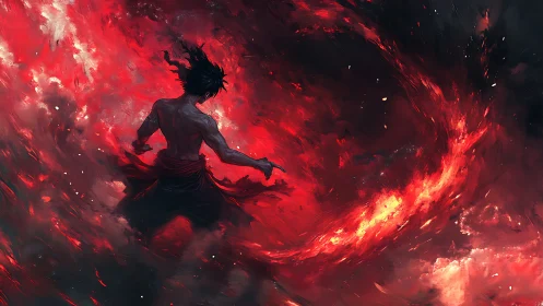 Lone fire dancer swirling through a storm of red light.